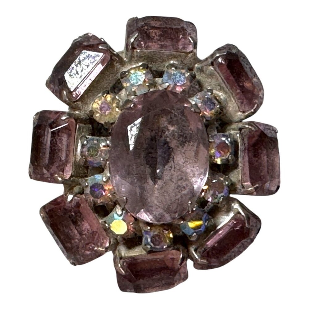 Vintage Purple Amethyst Glass Rhinestone Floral Brooch Pin Aurora Borealis 1.5"